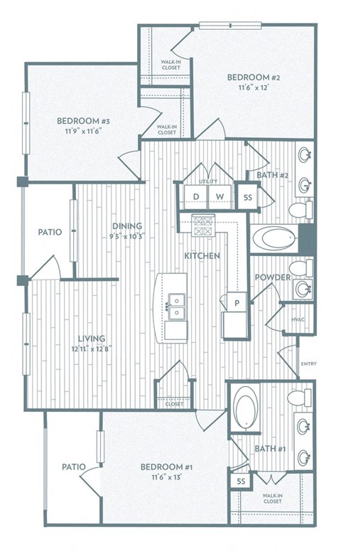 Floor plan for 3 beds, 2 baths, 1380 sqft